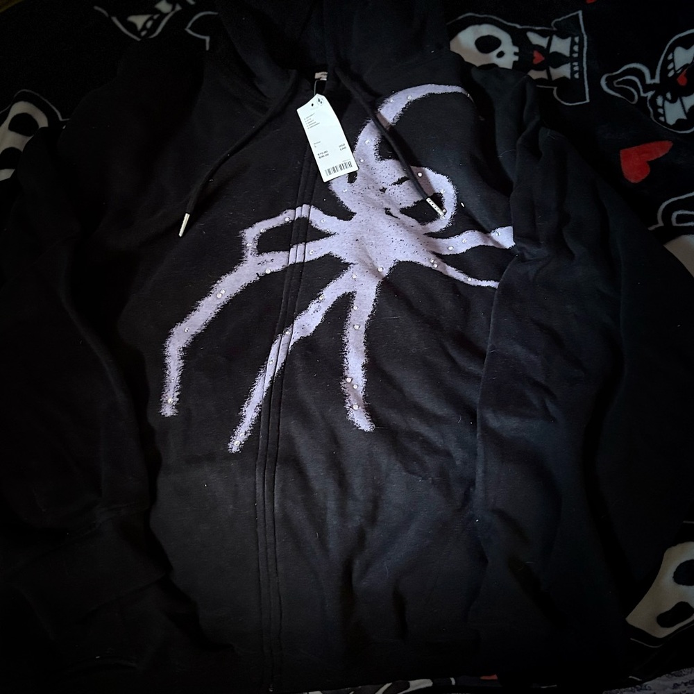 Urban outfitters purple rhinestone spider Black Zip Hoodie